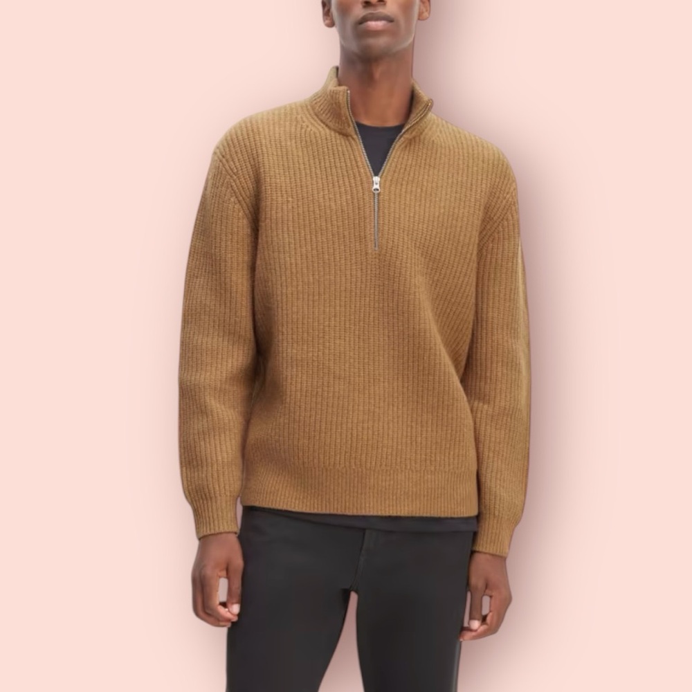 EVERLANE The Felted Merino Half Zip Sweater in Dark Camel